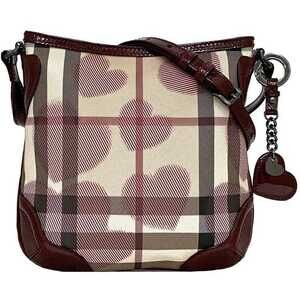 Burberry Shoulder Bag Bordeaux Red Beige Check Heart Patent Vernis Crossbody